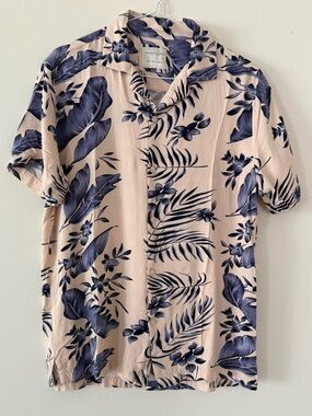 Denim & Flower Men’s Pink Short-Sleeve Button-Down with Navy Floral Print SZ.S